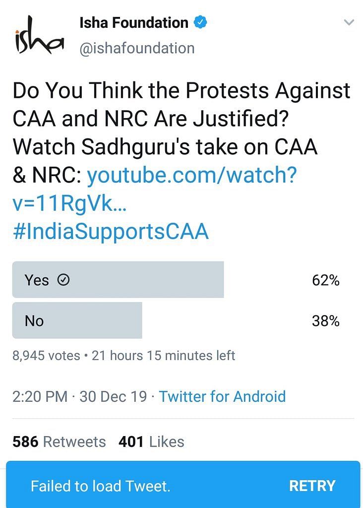 A Twitter poll purportedly by Sadhguru’s Isha Foundation on CAA-NRC protests was apparently deleted later.