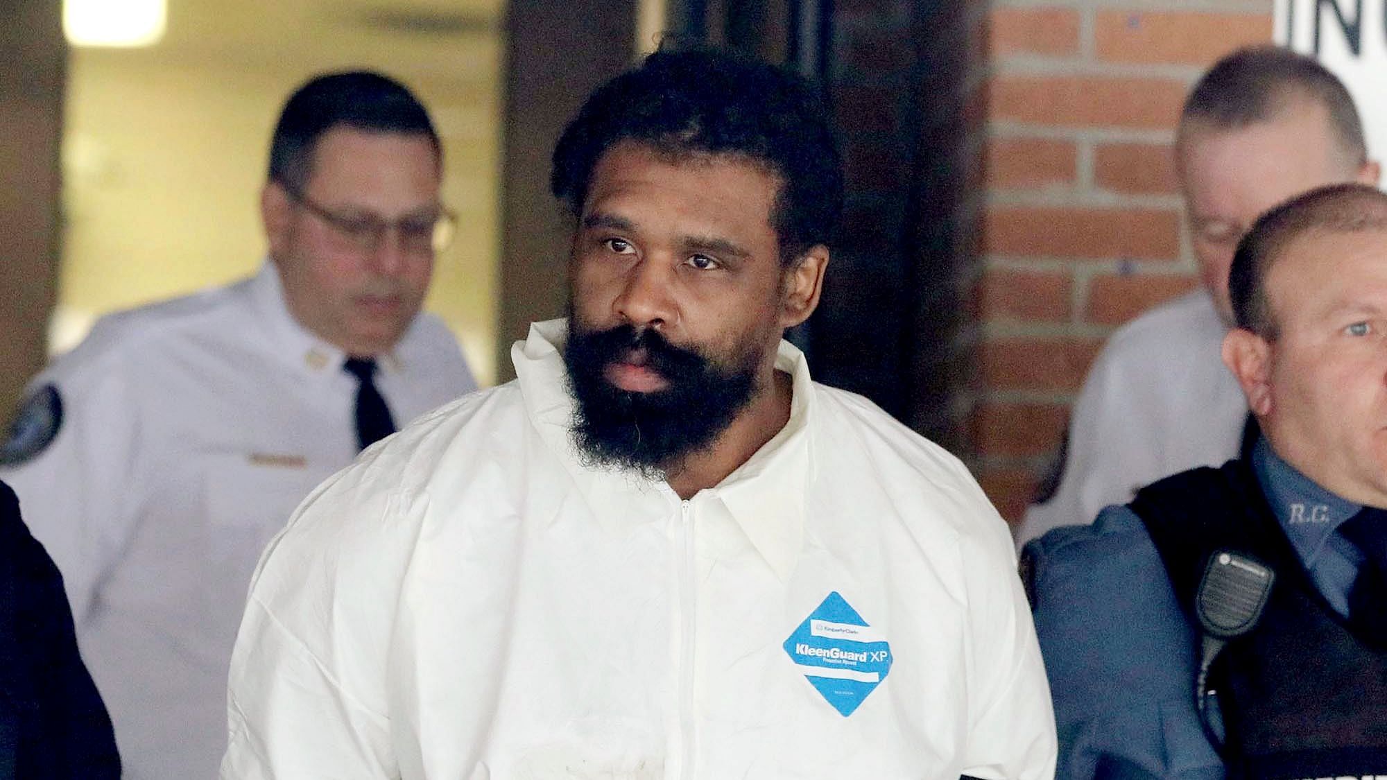 Grafton Thomas is led from Ramapo Town Hall in Ramapo, NY following his arraignment Sunday, 29 December 2019. Thomas was charged in the stabbings of multiple people as they gathered to celebrate Hanukkah at a rabbi’s home in Monsey, an Orthodox Jewish community north of New York City.