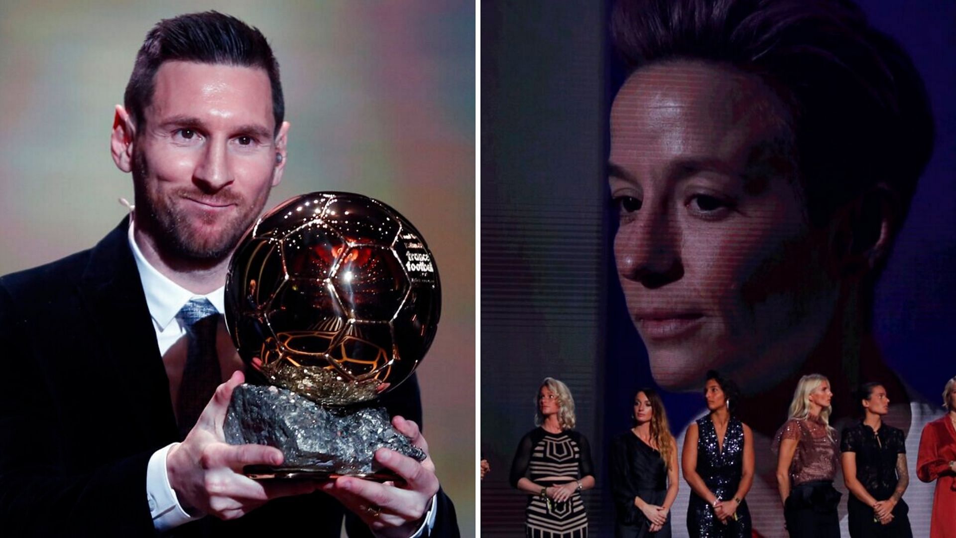 (Left) Barcelona’s soccer player Lionel Messi holds the trophy of the Golden Ball award ceremony in Paris, Monday, 2 December, 2019.&nbsp; (Right) US’ Megan Rapinoe is seen on the screen after she awarded as the best female soccer player.