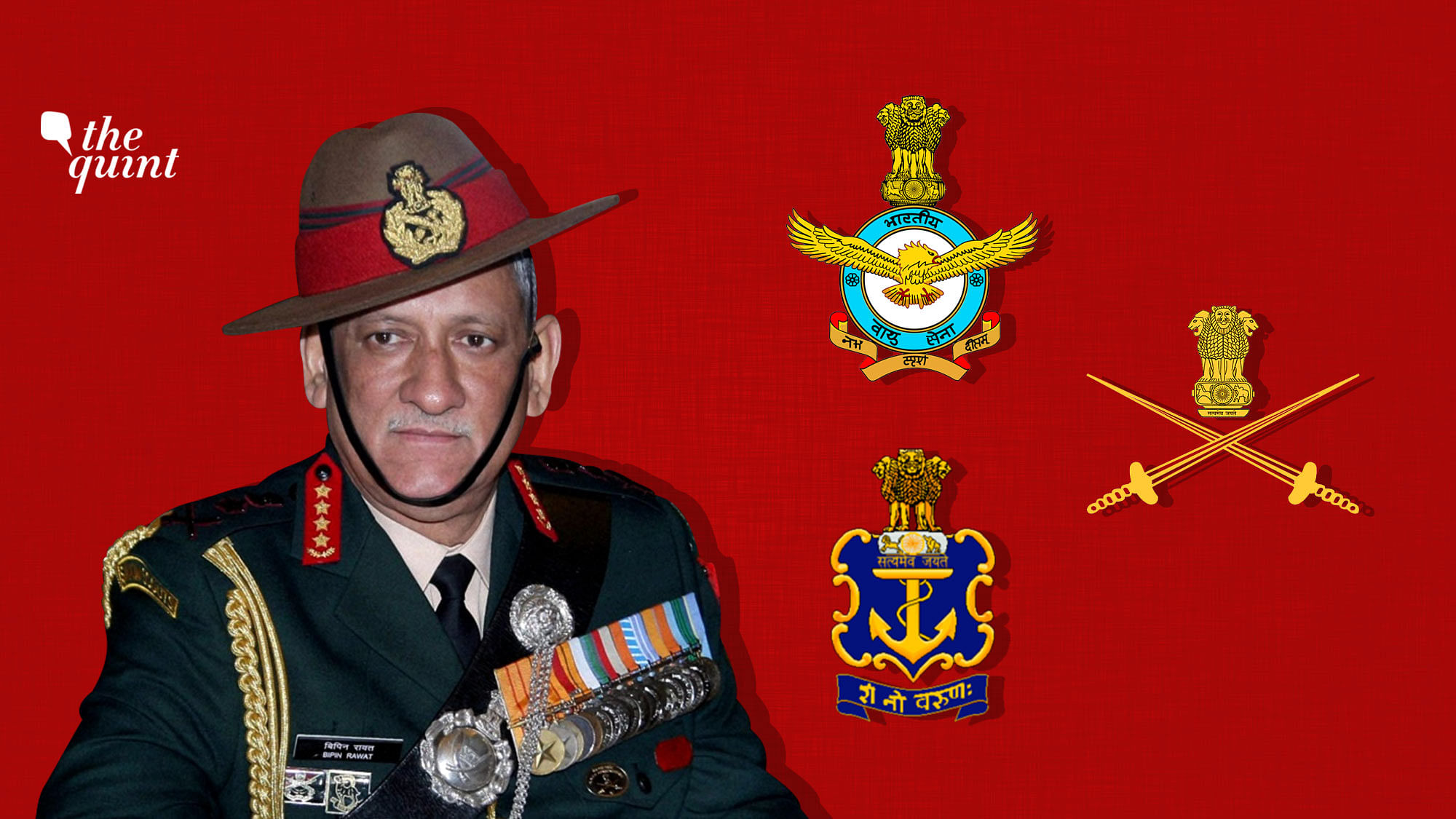 Image featuring Bipin Rawat (the new CDS) and the symbols for the three Services used for representational purposes.