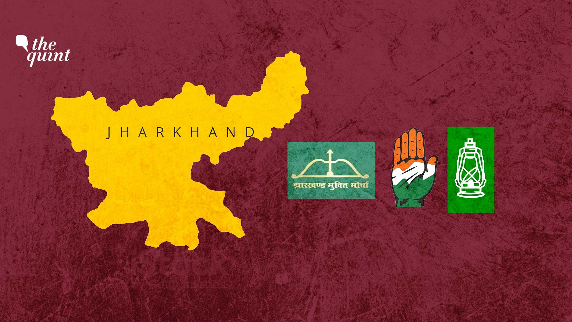Image of Jharkhand map and the ‘Mahagathbandhan’ (JMM + Congress + RJD) symbols used for representation. ‘Mahagathbandhan’ won in the state.&nbsp;