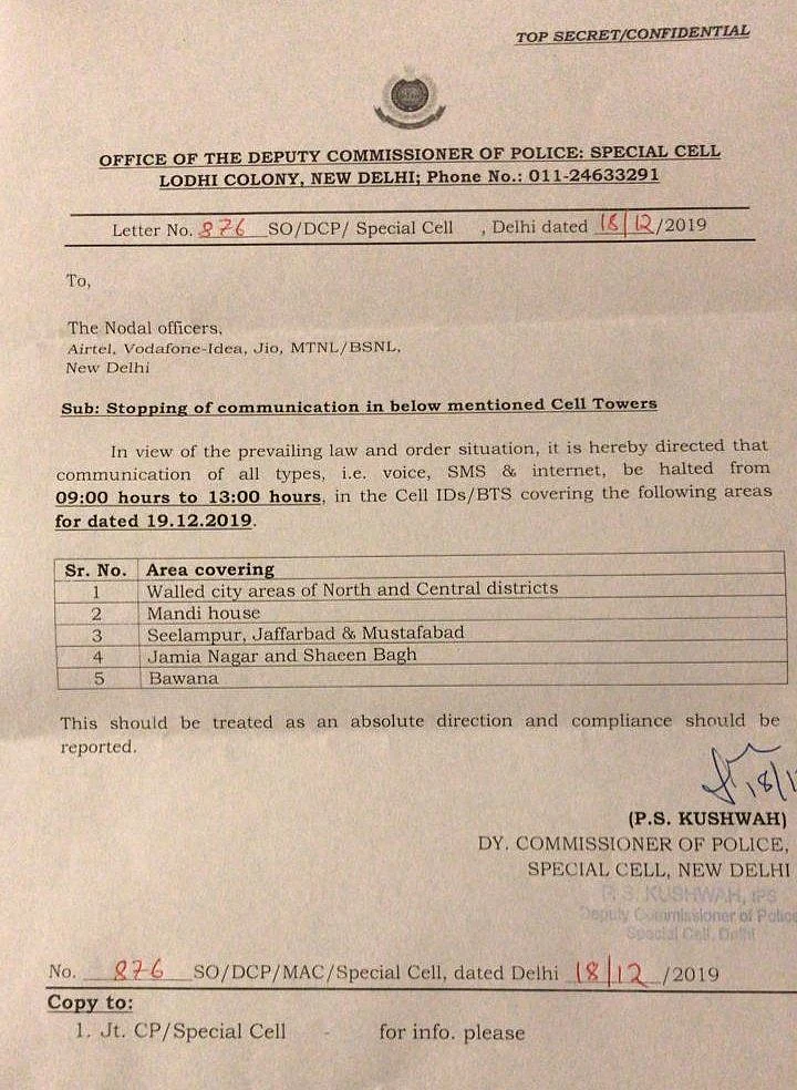 The order passed to the telecom operators for shutdown in Delhi.