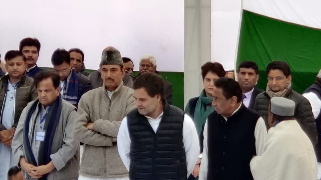 Congress leader Rahul Gandhi, along with Ghulam Nabi Azad, Madhya Pradesh Chief Minister Kamal Nath, Ahmed Patel and Priyanka Gandhi, at the protest in Delhi’s Raj Ghat.