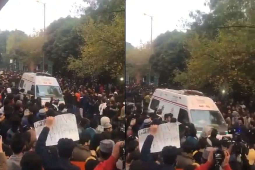 Protesting students of Jamia Millia Islamia let an ambulance pass.