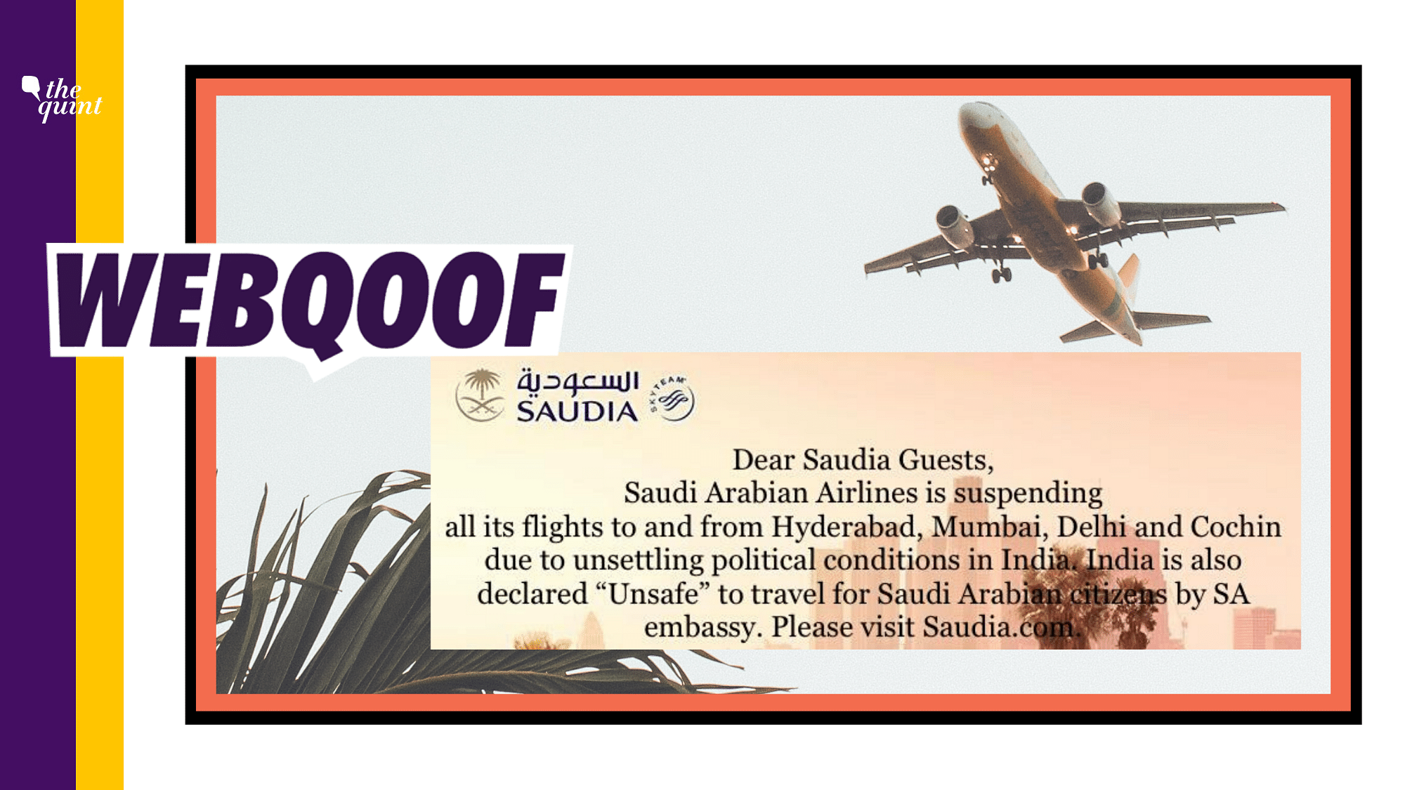Screenshot of the image with the claimed text that the Saudi Arabian Airlines is suspending all its flight to India.&nbsp;