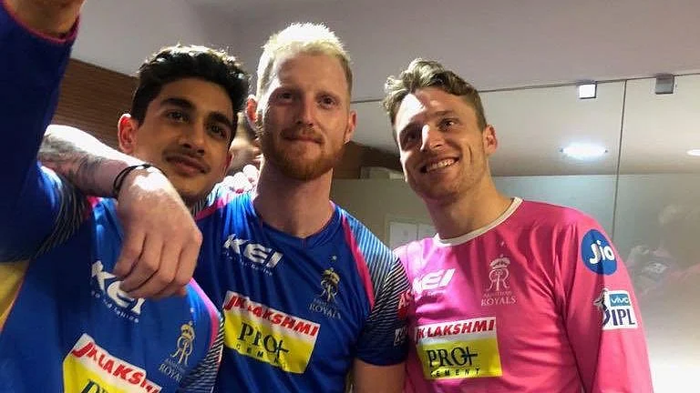 Former Rajasthan Royals cricketer Aryaman Birla with Ben Stokes and Jos Buttler.