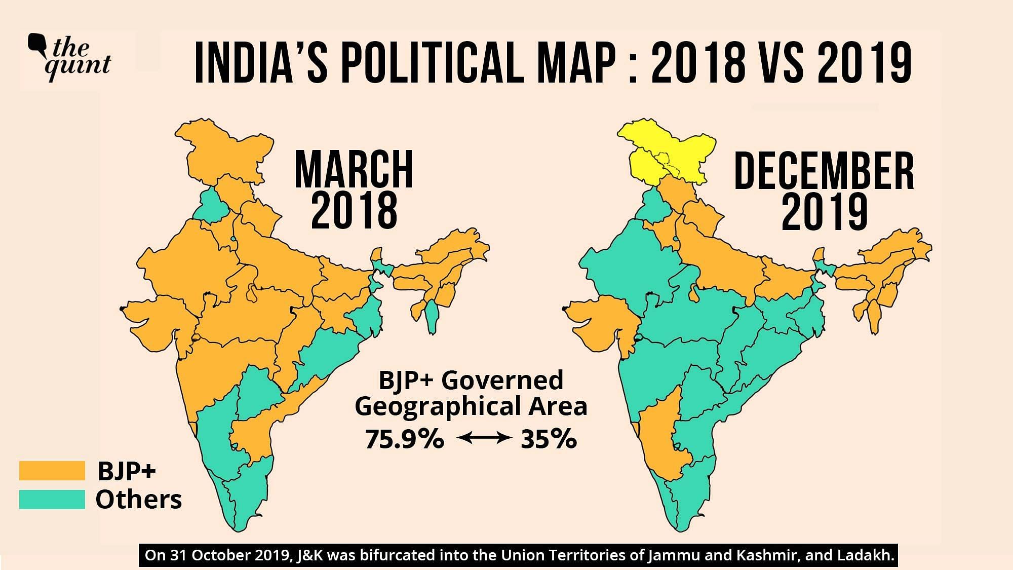 The BJP now rules in only 35 percent of India, as compared to its 75 percent share in March 2018 (area-wise).
