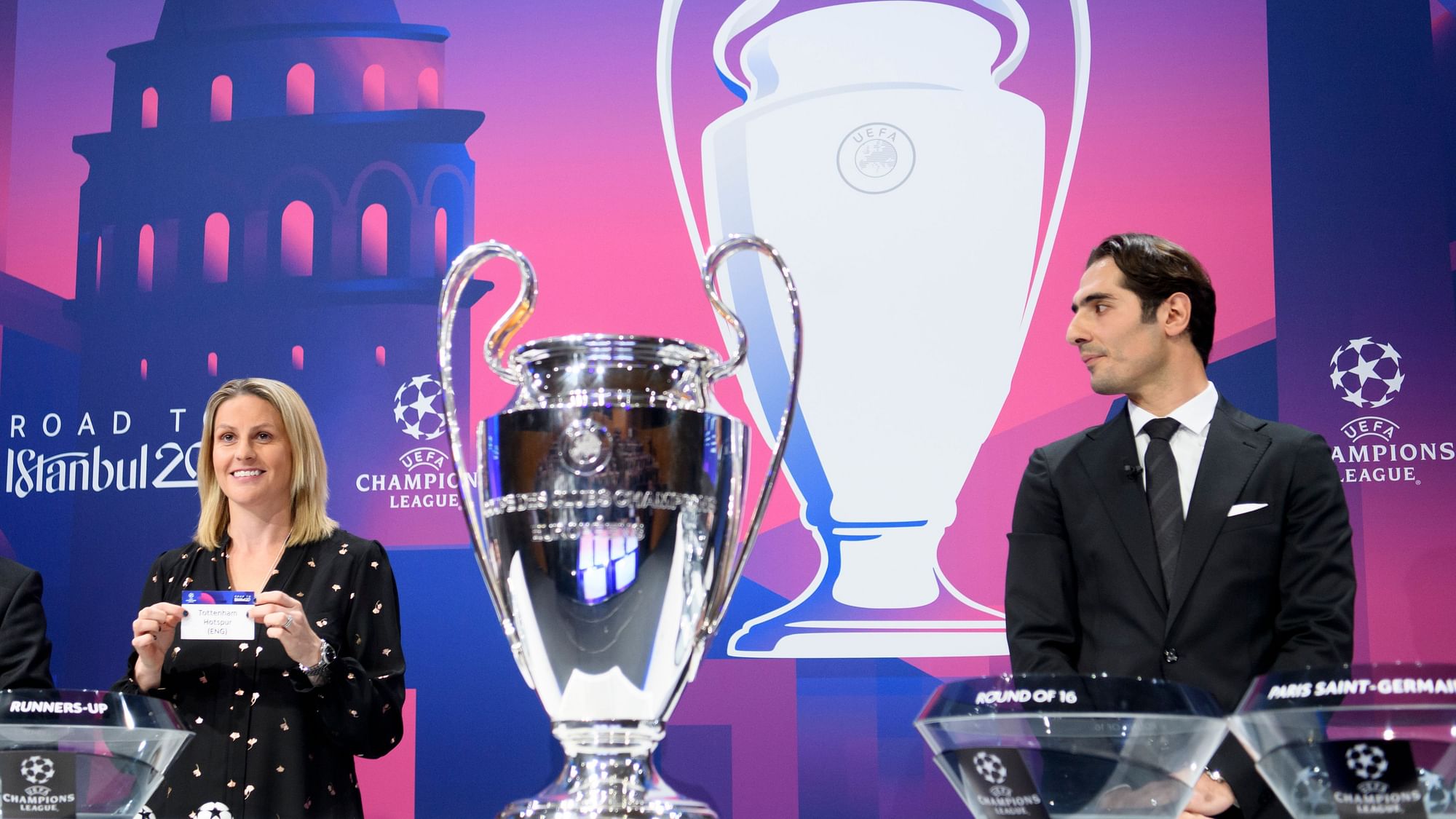 English footballer Kelly Smith (left) and Turkey’s Hamit Alt’ntop during the UEFA Champions League 2019-20 round of 16 draw on Monday.