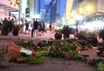 HONG KONG, Sept. 15, 2019 (Xinhua) -- Photo taken on Sept. 15, 2019 shows damaged greening plants on Hennessy Road in Hong Kong, south China. Rioters set fires in Central and Admiralty areas, threw petrol bombs at the Hong Kong Special Administrative Region (HKSAR) government offices and vandalized mass transit railway (MTR) stations Sunday. (Xinhua/IANS)