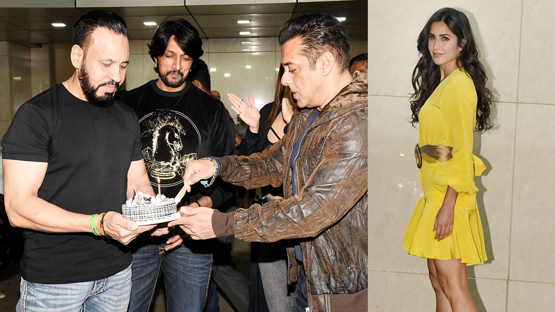 Salman Khan cuts his birthday cake; Katrina Kaif outside his house.&nbsp;