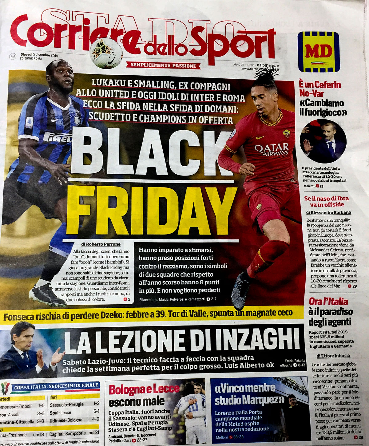 Corriere dello Sport faced criticism for a “Black Friday” headline featuring 2 black soccer players on the cover.