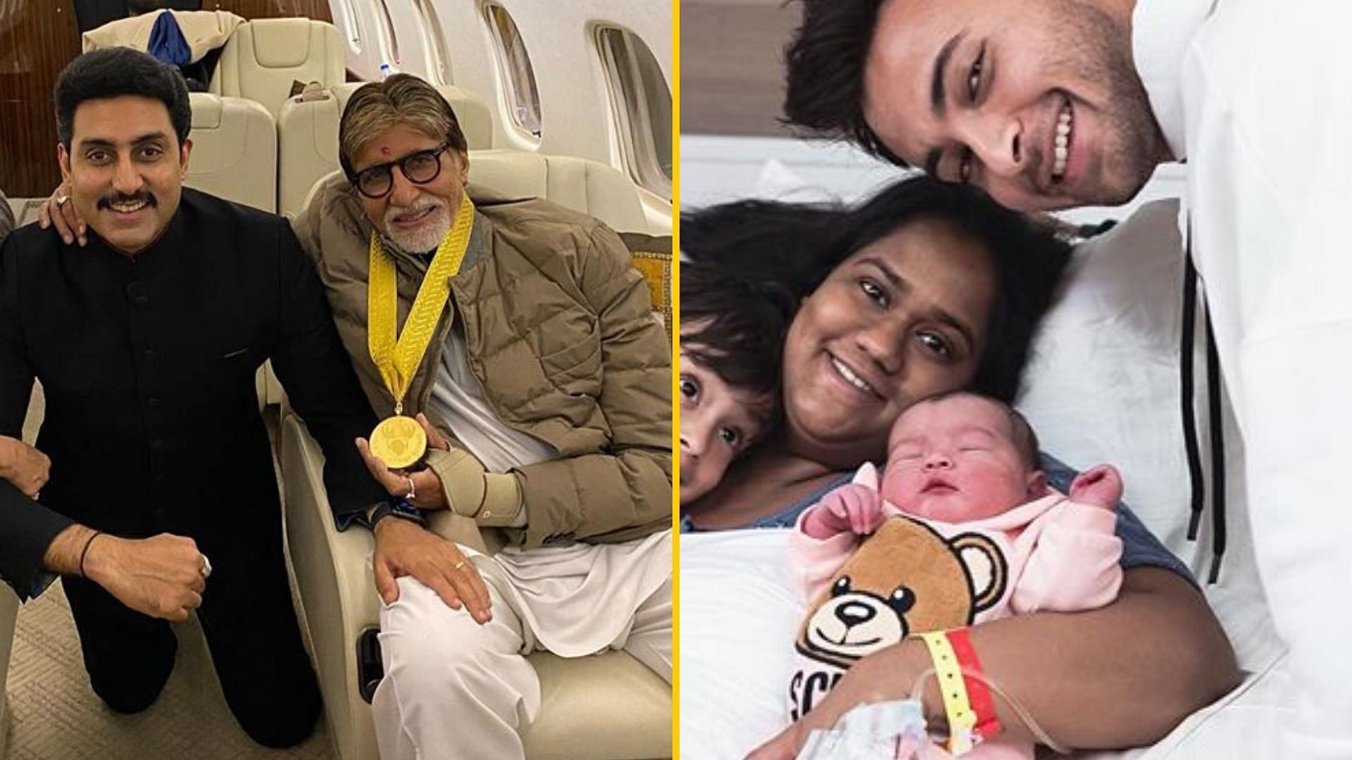 Amitabh Bachchan with his Dadasaheb Phalke award; Arpita and Aayush Sharma with their newborn Ayat.