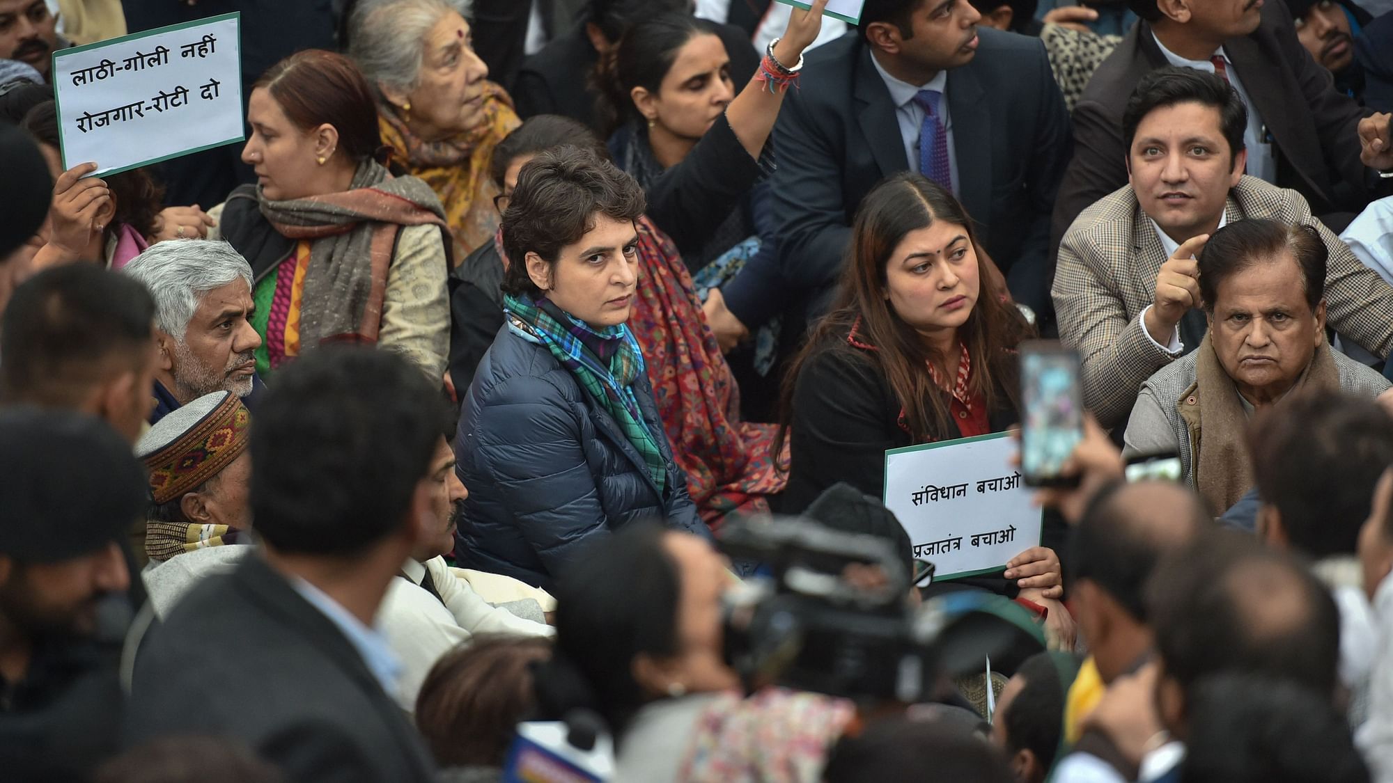 Congress leader Priyanka Gandhi Vadra holds a sit-in protest at the India Gate in a show of solidarity with the students from Jamia Millia Islamia. 
