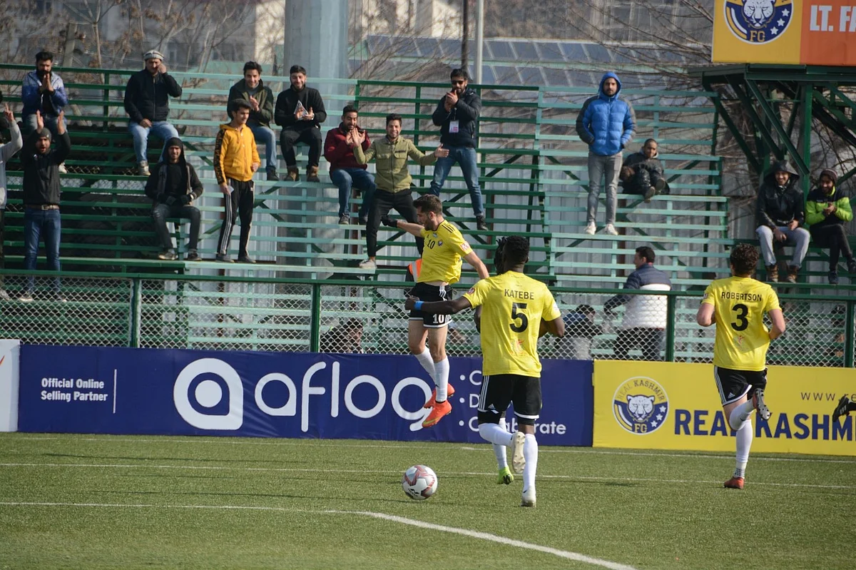 Srinagar: Players in action during the Hero I-League match between Real Kashmir FC and Chennai City FC at the TRC Ground in Srinagar on Dec 26, 2019.