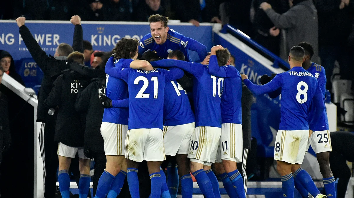 Leicester’s Kelechi Iheanacho celebrates with teammates after scoring his side’s second goal during the English Premier League match between Leicester City and Everton at the King Power Stadium in Leicester, England.