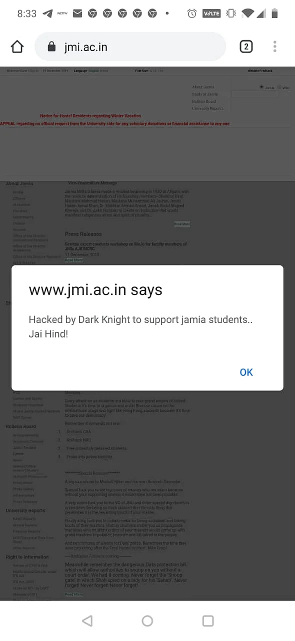 CAA Unrest: Jamia Website Hacked In Support of Protesting Students