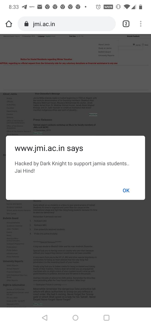 “Hacked by the Dark Knight to support Jamia students.. Jai Hind!,” the website read.