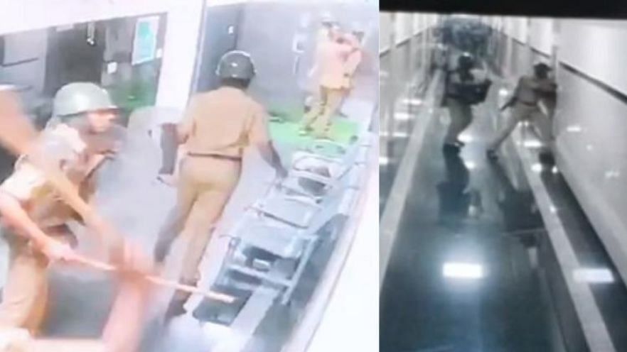 CCTV footage from a Mangaluru Hospital shows armed police breaking in doors