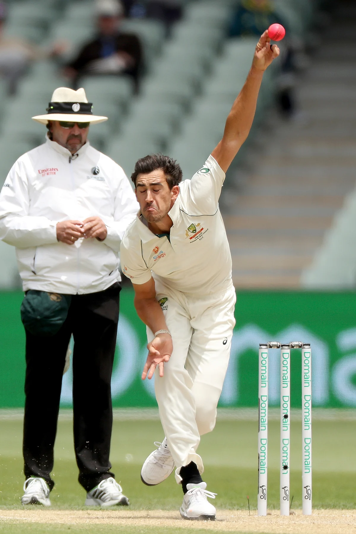 Australia’s Mitchell Starc bowls during their cricket Test match against Pakistan in Adelaide.