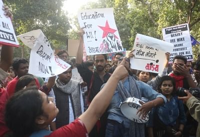 New Delhi: JNU students stage a demonstration to demand a complete rollback of the proposed hostel fee hike in New Delhi on Nov 29, 2019. (Photo: Bidesh Manna/IANS)