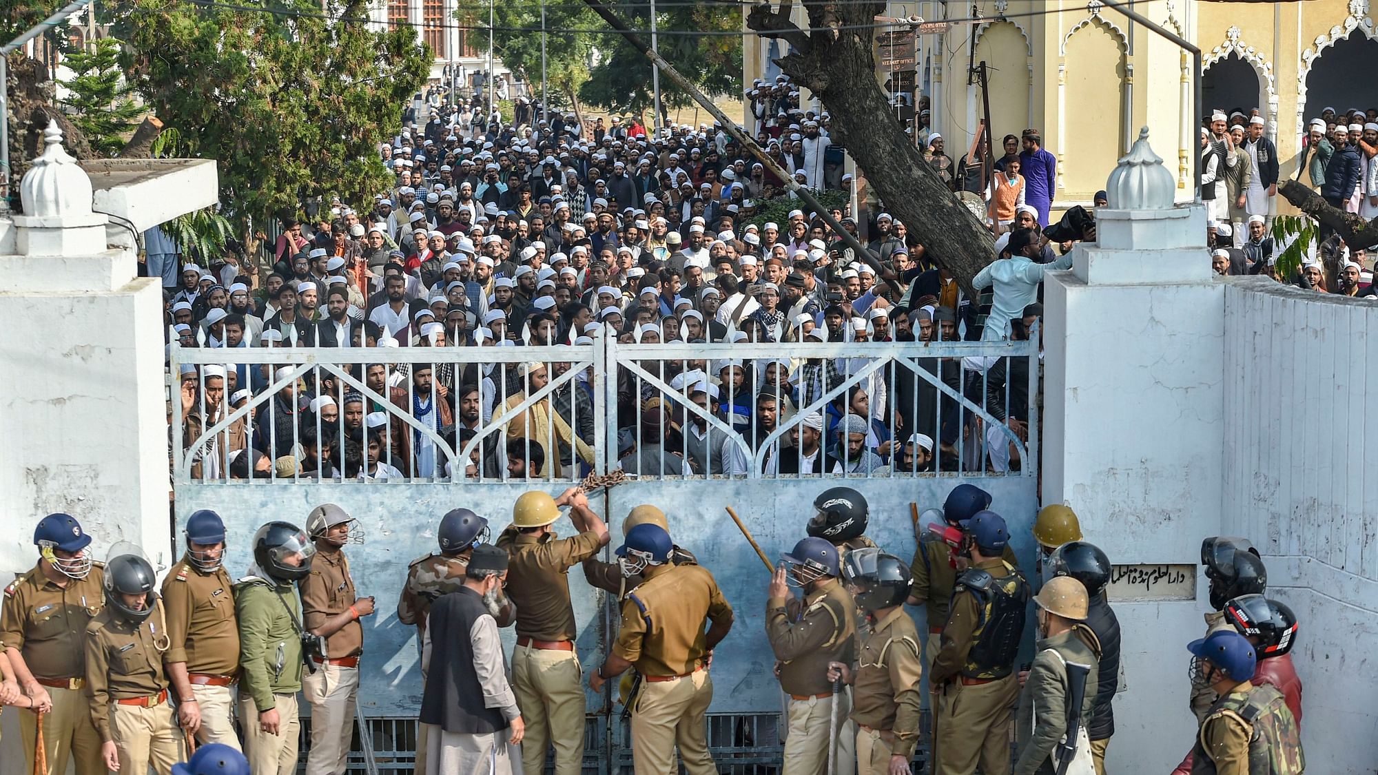 Police force outside Darul Uloom Nadwatul Ulama college  in Lucknow.