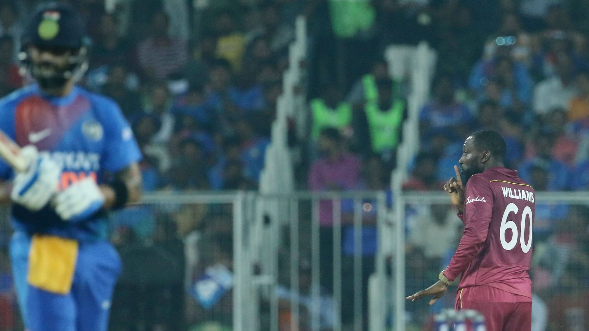 West Indies’ Kesrick Williams dismissed Virat Kohli for 19 in the second T20 international in Thiruvananthapuram.