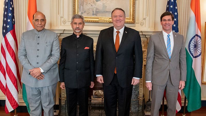 Defence Minister Rajnath Singh, External Affairs Minister Subrahmanyam Jaishankar with United States Secretary of State Mike Pompeo at&nbsp;