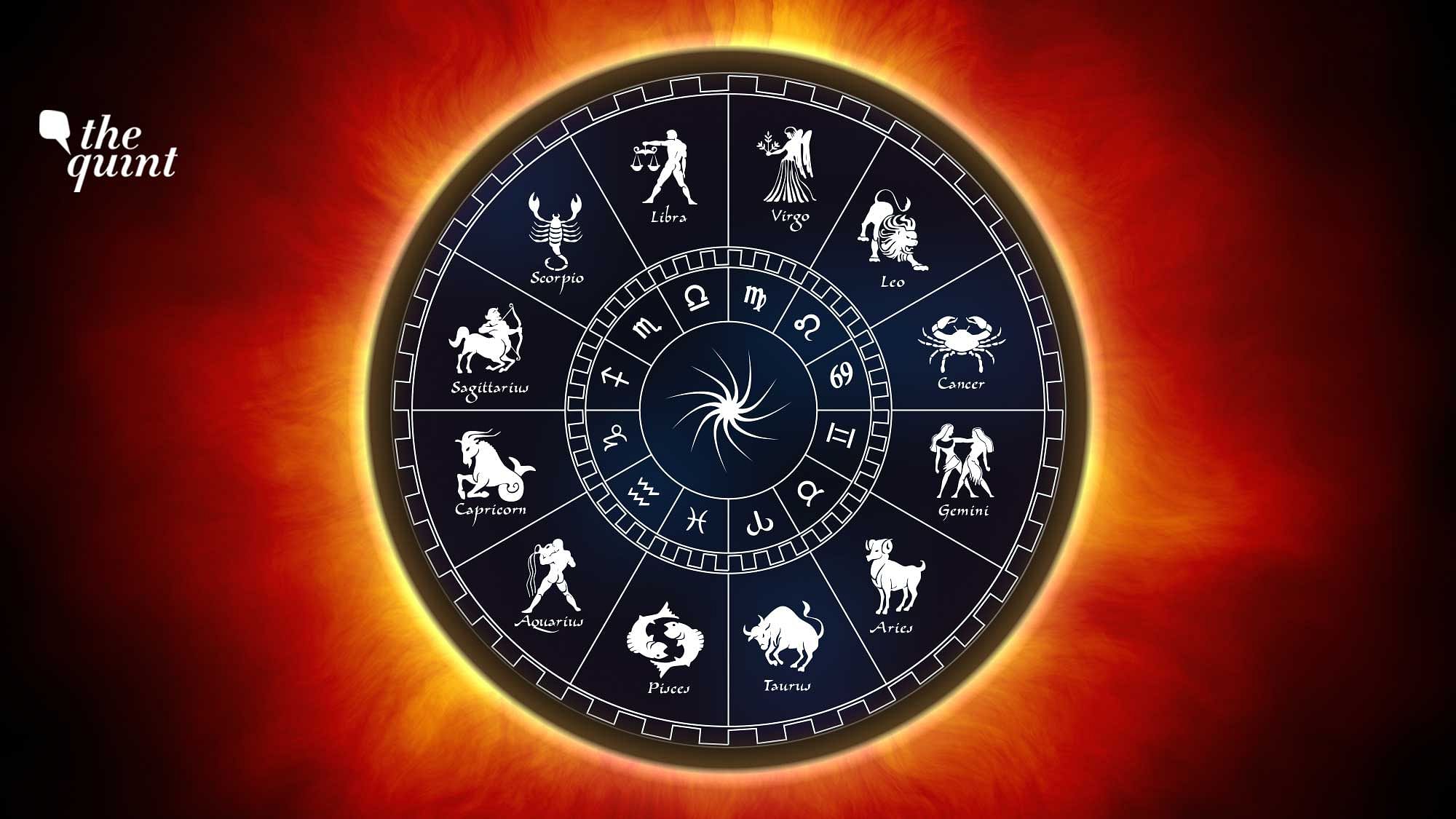 Image of a solar eclipse and an astrological chart (superimposed) used for representational purposes.