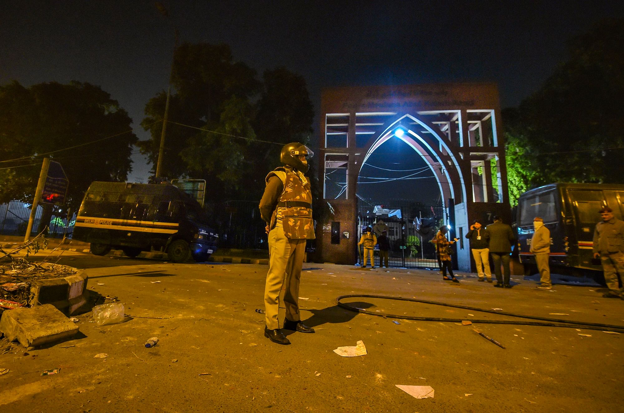 Policemen stand guard outside Jamia Millia Islamia following the protests against Citizenship Amendment Act, in New Delhi on Sunday, 15 December, 2019. Image used for representation.