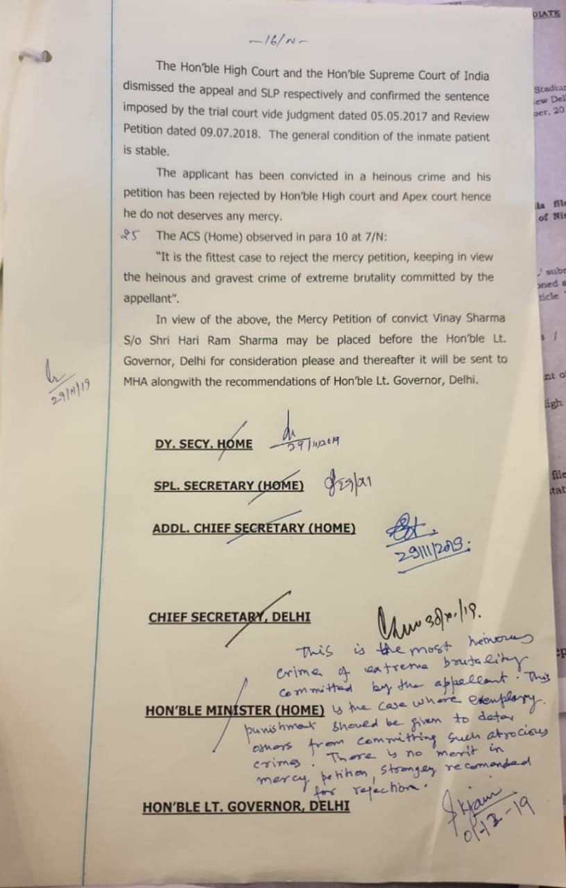The Delhi government “strongly recommended” to reject the mercy petition filed by convict.