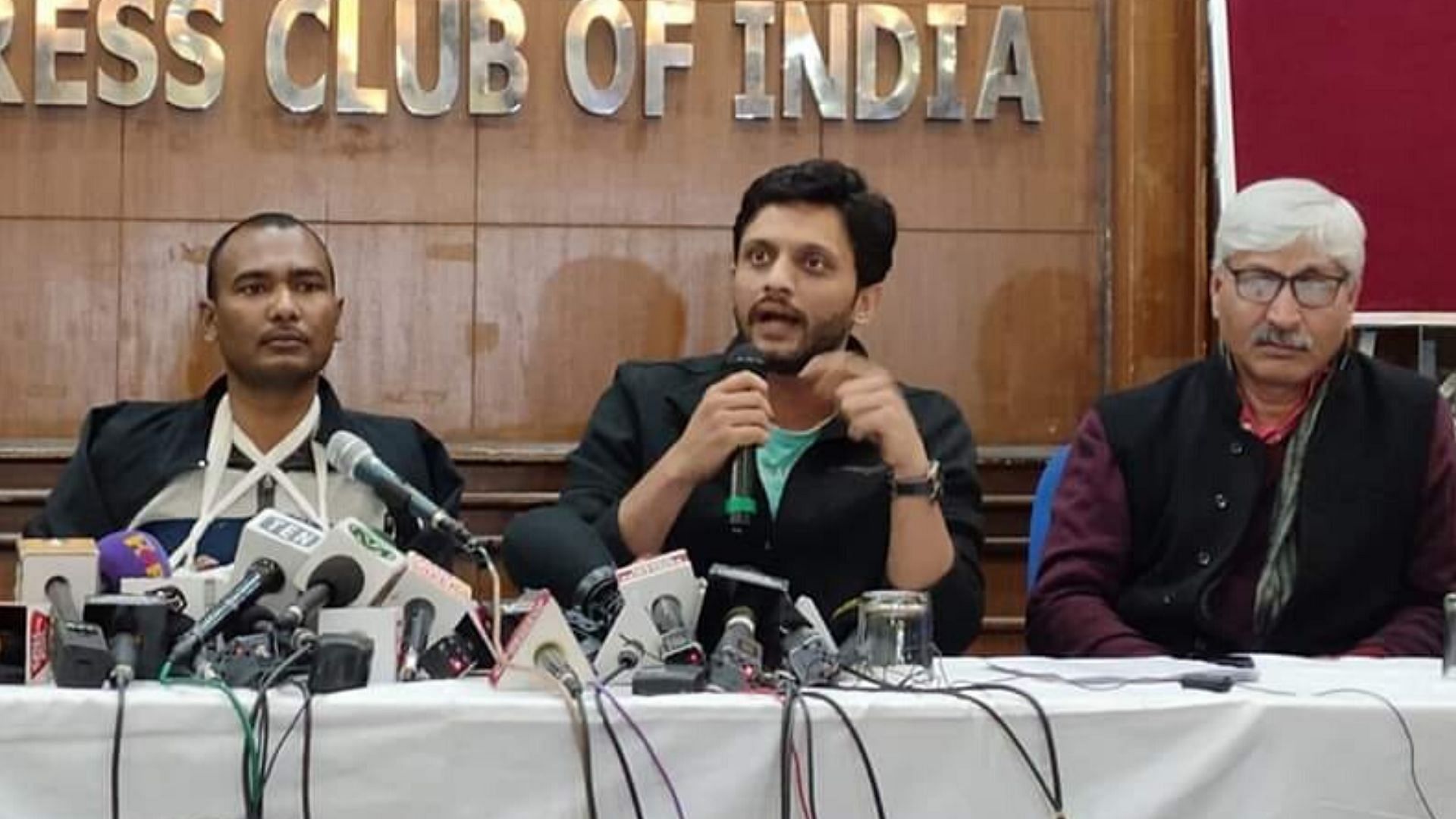 Actor Zeeshan Ayyub addresses a press conference at the Press Club of India in Delhi.