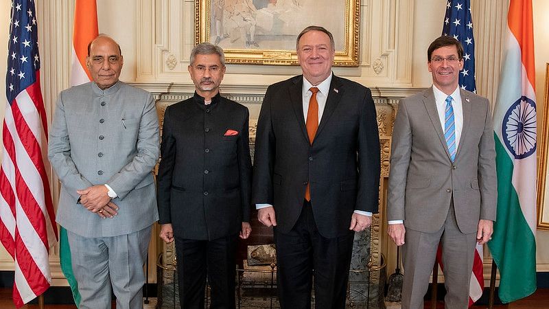 (From left to Right) Defence Minister Rajnath Singh, External Affairs Minister S Jaishankar, US Secretary of State Mike Pompeo &amp; Defense Secretary Mark Esper.&nbsp;