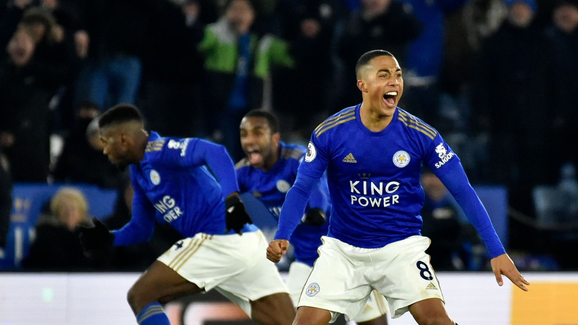 Leicester City players celebrate after Leicester’s Kelechi Iheanacho scored the winner against Everton at the King Power Stadium in Leicester, England.
