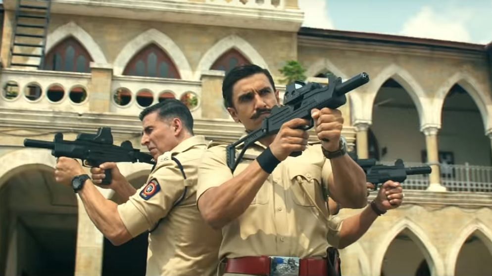 Akshay Kumar, Ranveer Singh and Ajay Devgn in a scene from <i>Sooryavanshi</i>.