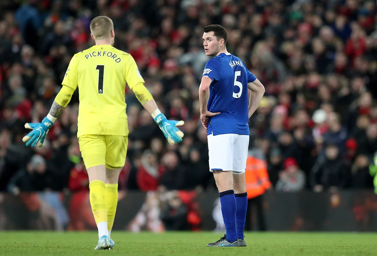 Everton’s goalkeeper Jordan Pickford, left, and Everton’s Michael Keane are seen after Liverpool scores the fifth goal against Everton during the English Premier League match between Liverpool and Everton at Anfield Stadium, Liverpool, England.