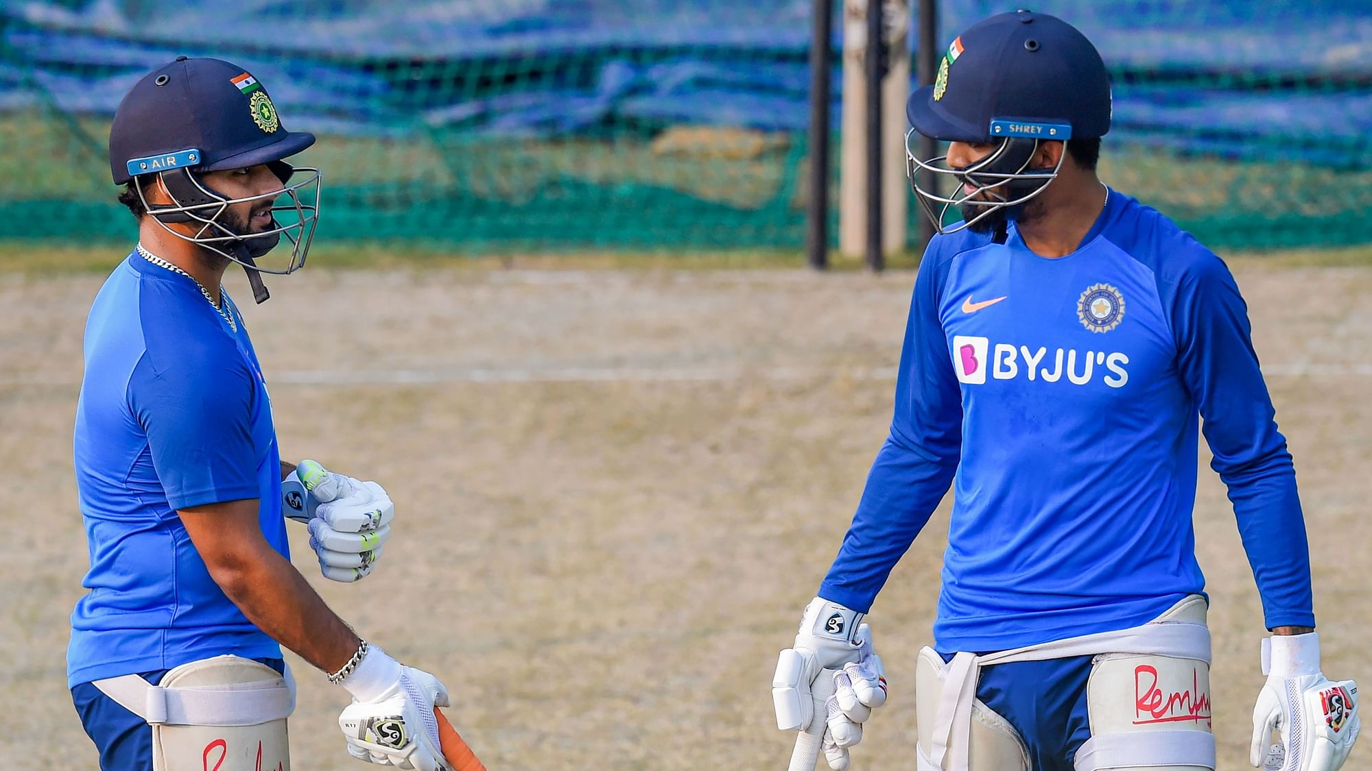 Indian cricketer Rishabh Pant and KL Rahul during a practice session.