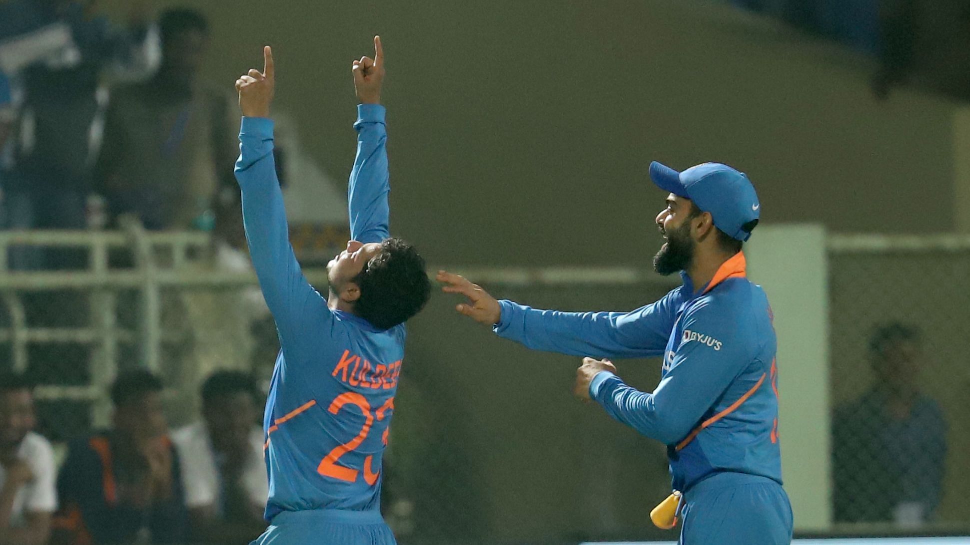 Kuldeep Yadav of India celebrates the hat trick wicket of Alzarri Joseph of West Indies during the 2nd ODI between India and the West Indies held at the ACA-VDCA Stadium, Visakhapatnam on the 18th December 2019.