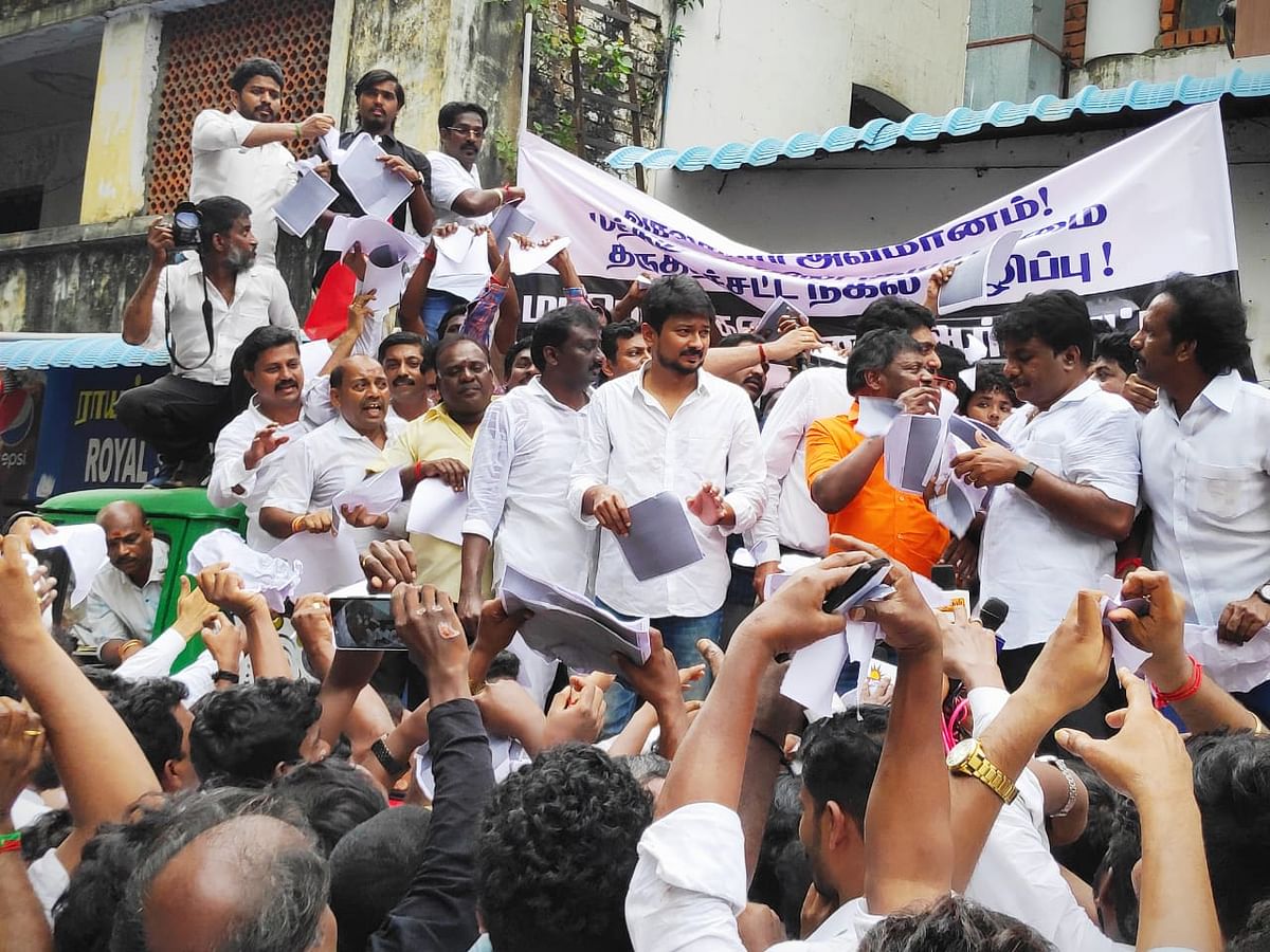 DMK youth wing headed by Udhayanidhi Stalin protest against the AIADMK’s support for the Citizenship Amendment Act.