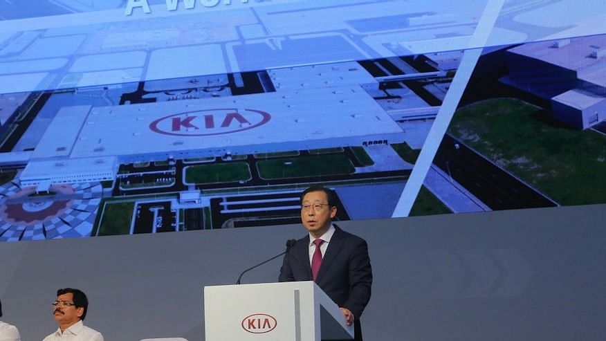 KIA motors President and CEO Mr Han Woo-Park speaks during the inauguration of the Andhra Pradesh plant.