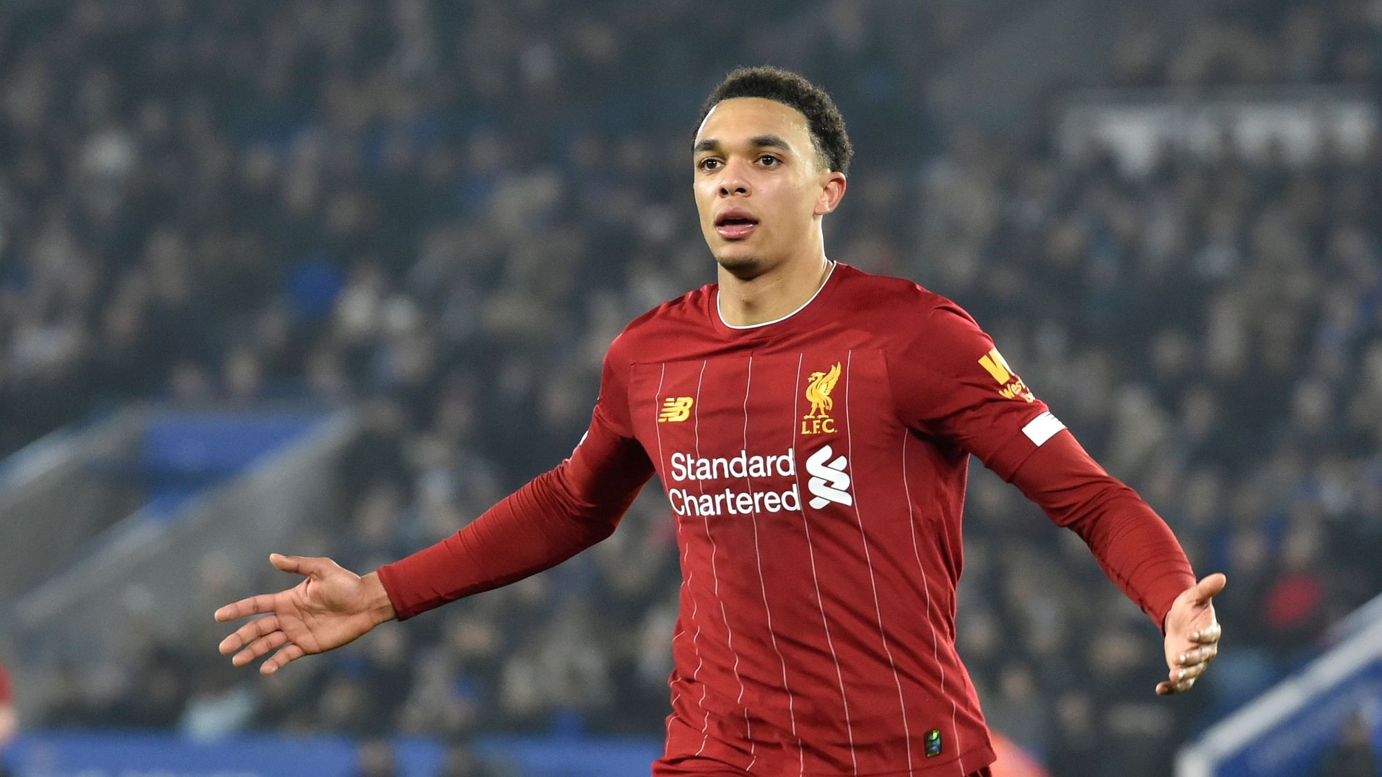 Liverpool’s Trent Alexander-Arnold celebrates after scoring his side’s fourth goal during the English Premier League soccer match between Leicester City and Liverpool at the King Power Stadium in Leicester, England, Thursday, Dec. 26, 2019.