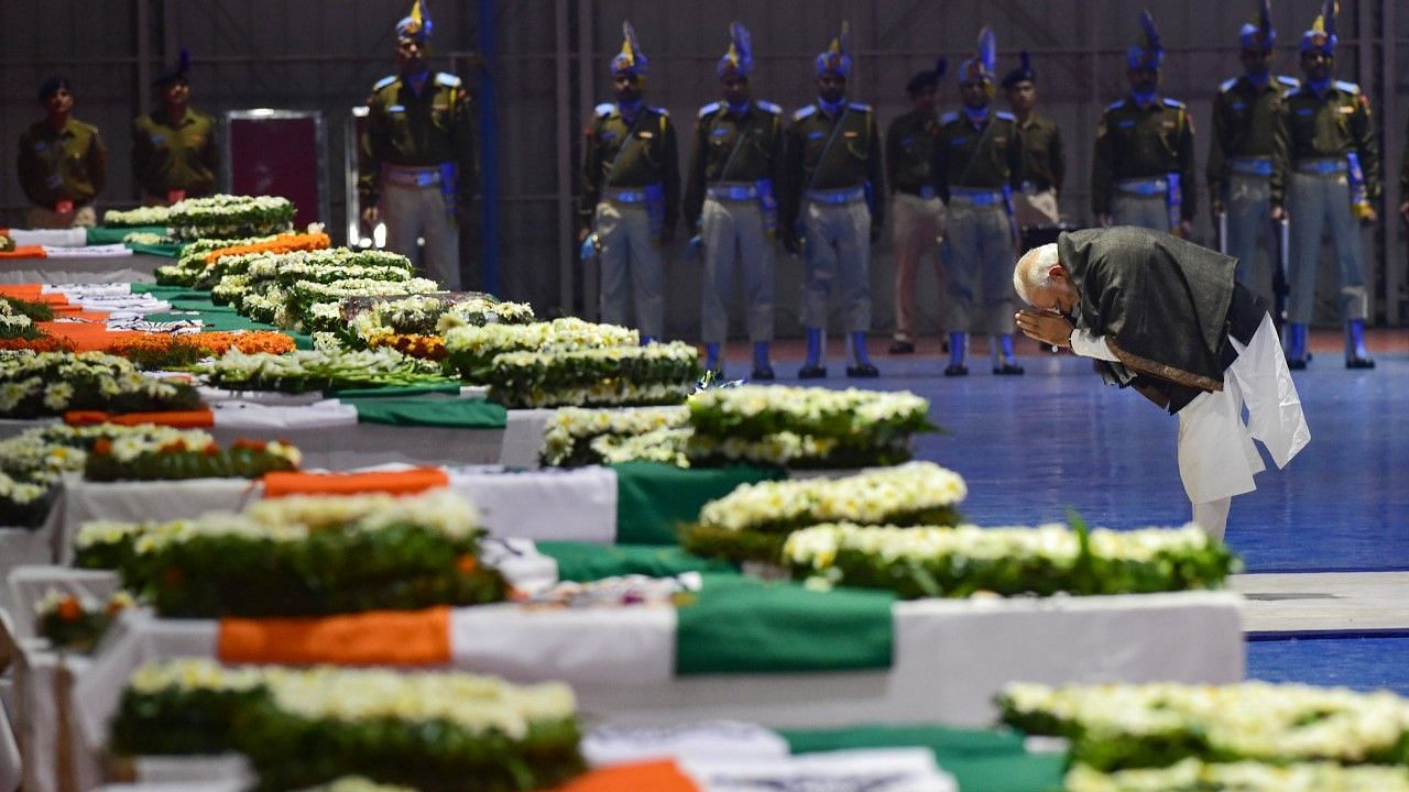 Prime Minister Narendra Modi pays homage to the 40 slain CRPF jawans who lost their lives in the Pulwama attack in February. A CRPF convoy was attacked by a suicide bomber in Jammu and Kashmir’s Pulwama on 14 February 2019.