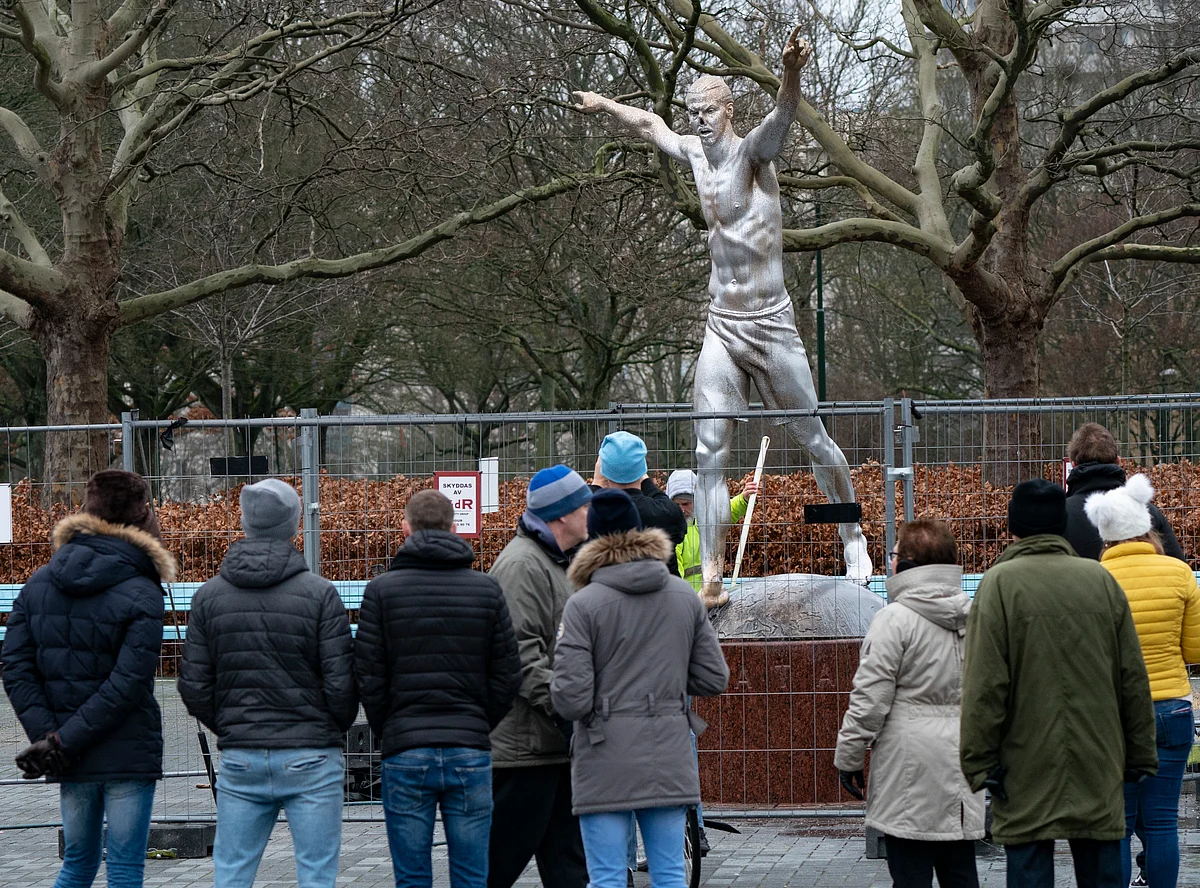 In this photo taken on Sunday, Dec. 22, 2019, the defaced statue of Zlatan Ibrahimovic is seen in Malmo, Sweden. 