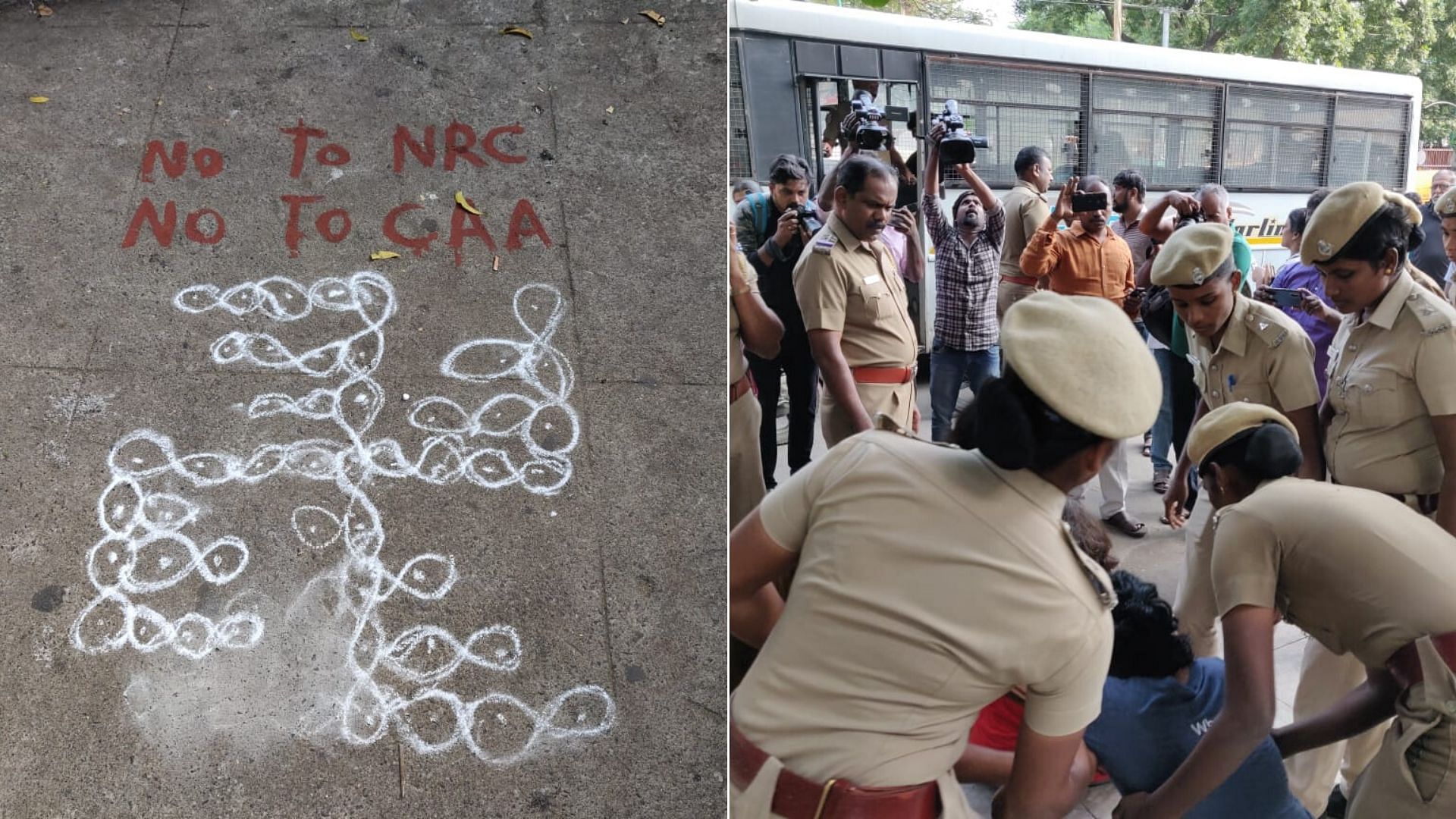 Four women and a man were detained by Chennai police for drawing kolam (rangoli) outside people’s house and common places in Besant Nagar with ANTI-CAA slogans.