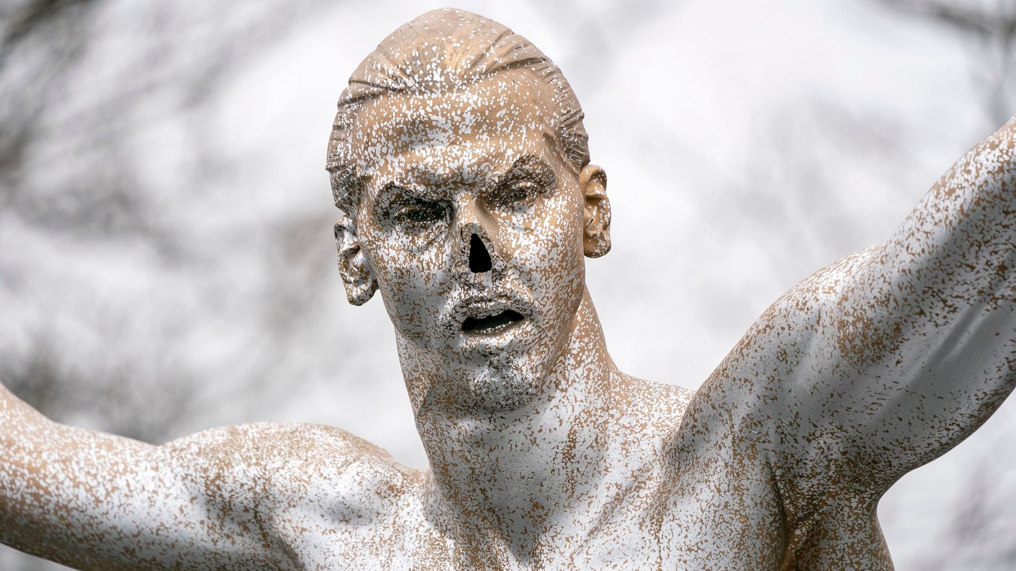 In this photo taken on Sunday, Dec. 22, 2019, the defaced statue of Zlatan Ibrahimovic is seen in Malmo, Sweden.&nbsp;