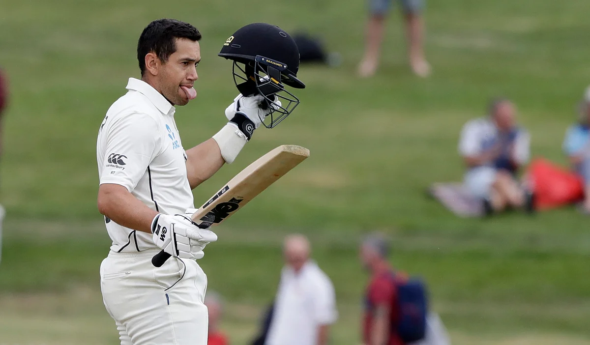 New Zealand’s Ross Taylor celebrates after scoring a century during play on the final day of the second cricket Test.