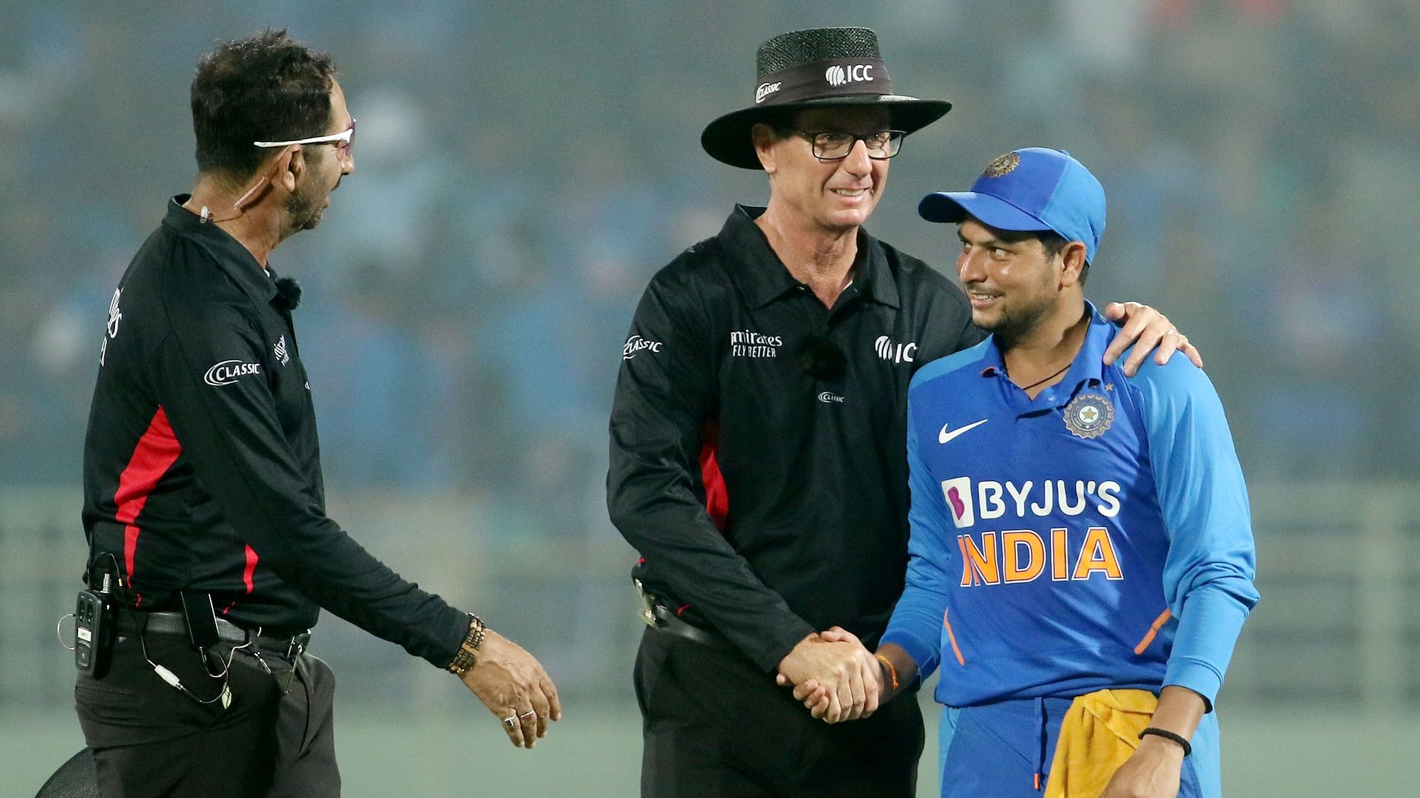Umpires shake hands with Kuldeep Yadav of India after the 2nd ODI between India and the West Indies. Kuldeep claimed his career’s second hat-trick in the match.