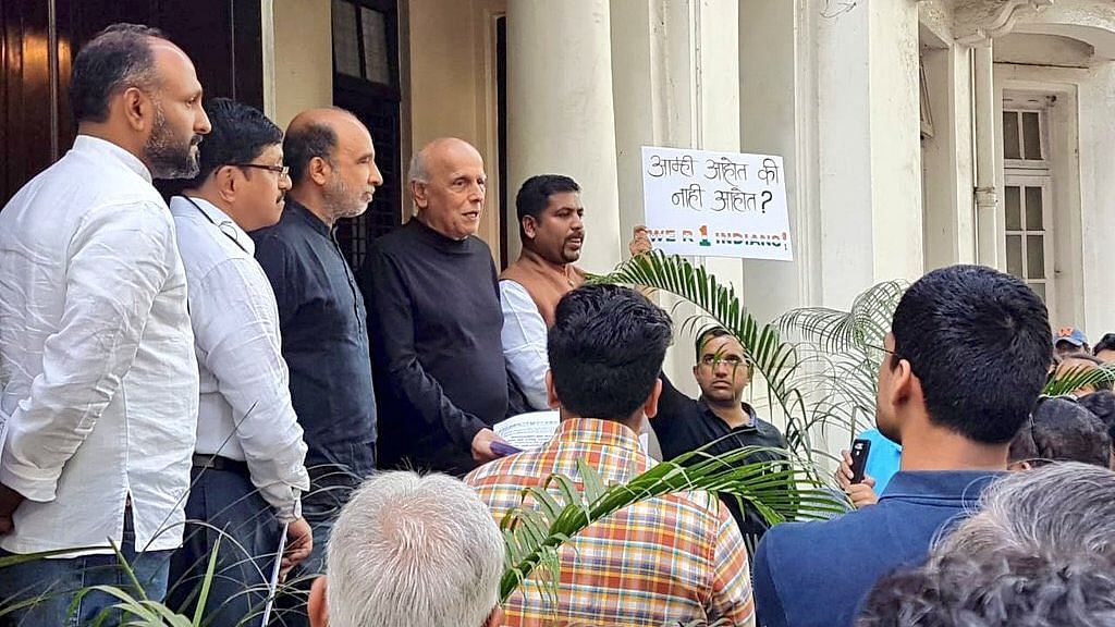 Mahesh Bhatt attends a protest meet outside Dr Babasaheb Ambedkar’s home in Mumbai.&nbsp;