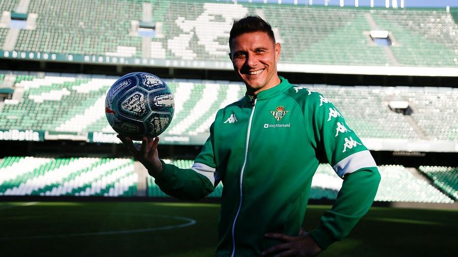 Joaquin Sanchez poses with the match ball after scoring a hat-trick in Real Betis’s 3-2 win over Athletic Bilbao.