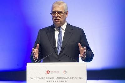 LONDON, Oct. 22, 2019 (Xinhua) -- Prince Andrew, the Duke of York, gives opening address at the 15th World Chinese Entrepreneurs Convention (WCEC) in London, Britain, Oct. 22, 2019. With technological innovations in AI and 5G transforming the world around us, China and Britain can explore closely how to apply these technologies in education and healthcare, Prince Andrew, the Duke of York, said on Tuesday. (Photo by Ray Tang/Xinhua/IANS)