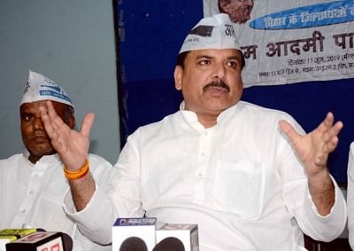 Patna: AAP leader Sanjay Singh addresses a press conference in Patna, on June 11, 2019. (Photo: IANS)